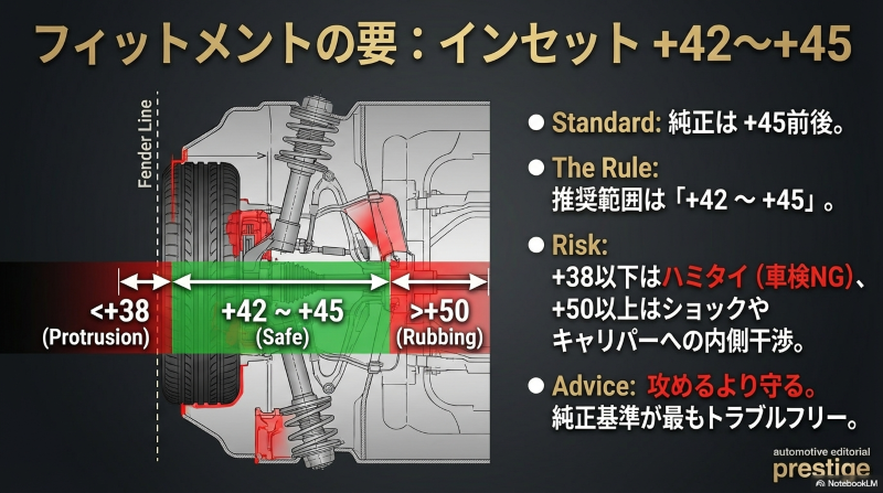 インセット+42〜+45の推奨範囲と、+38以下のハミタイ・+50以上の内側干渉リスクを示したフェンダー断面図