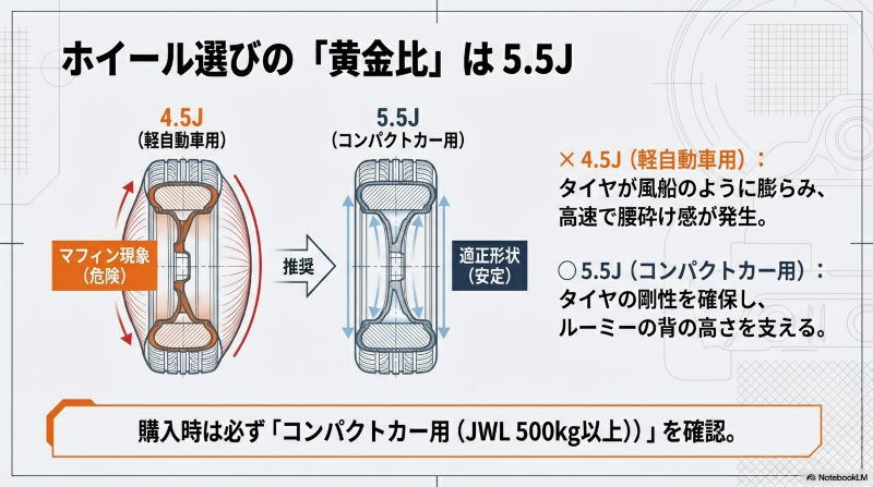 4.5Jと5.5Jのリム幅によるタイヤ形状の違い。4.5Jではタイヤが風船状に膨らみ危険であることを示す図