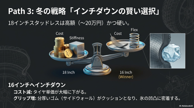 18インチから16インチへスタッドレスタイヤをインチダウンした際のコスト削減とクッション性の向上を示す比較図