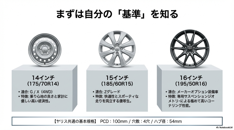 ヤリスの純正基準となる14インチ、15インチ、16インチホイールの比較と基本規格