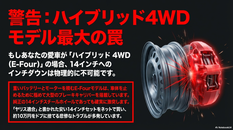 ヤリスハイブリッド4WDモデルの大型ブレーキキャリパーと14インチホイールの激突・干渉警告