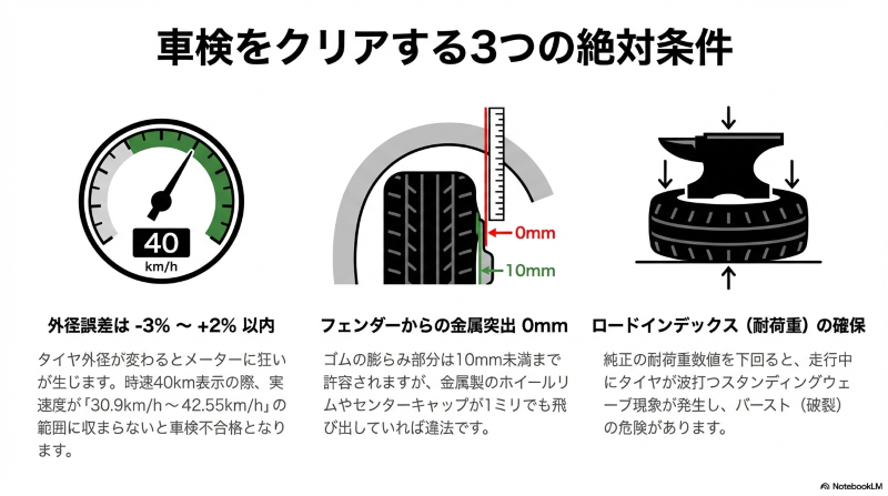 車検をクリアするためのタイヤ外径誤差、フェンダーからの突出制限、耐荷重の3つの絶対条件