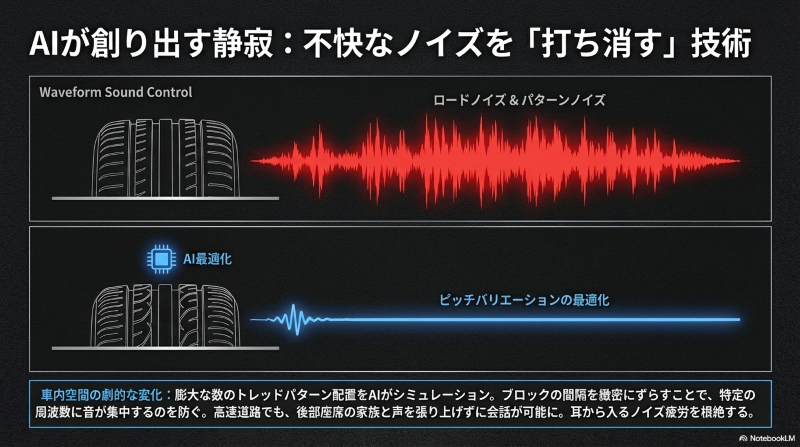 AIを用いたピッチバリエーションの最適化により、ロードノイズとパターンノイズを打ち消すウェーブフォームサウンドコントロールの図