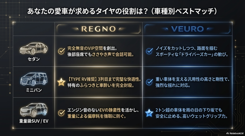 セダン、ミニバン、重量級SUV・EVの各車種に求められる役割と、レグノ・ビューロの適性を示すマトリクス表