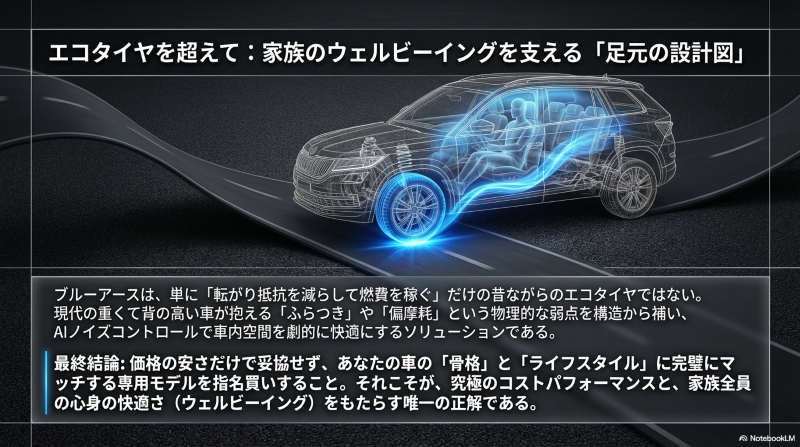 家族のウェルビーイングを支え、最適な専用モデル選びを推奨するブルーアースの総括スライド