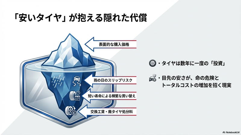 安いタイヤの表面的な購入価格に対する、雨の日のスリップリスクや短い寿命による買い替え、交換工賃といった隠れた代償を表した氷山の図 。