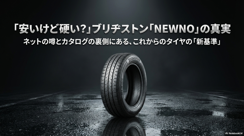 安いけど硬い？ブリヂストンNEWNOの真実。ネットの噂とカタログの裏側にある、これからのタイヤの新基準」と書かれた、ブリヂストンのニューノを解説するスライドの表紙画像 。