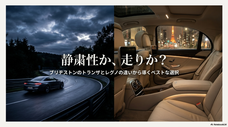 ブリヂストンのプレミアムタイヤ、トランザとレグノの違いを比較し、静粛性か走りかベストな選択を導くタイトルスライド