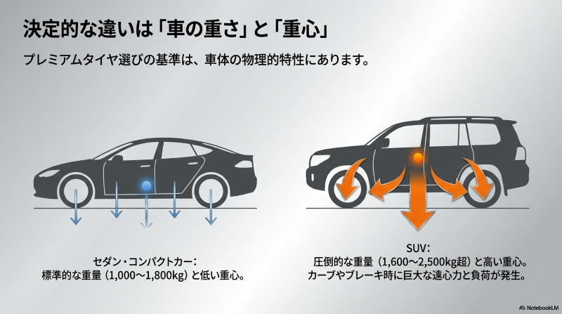 セダンとSUVにおける車の重量と重心の違いを表した図解