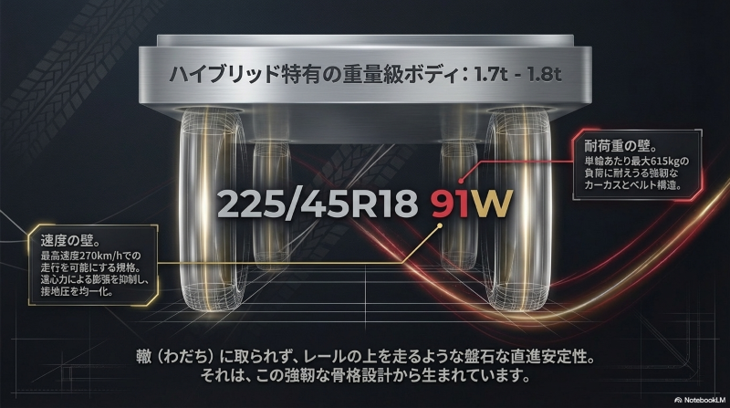 ハイブリッド特有の重量級ボディと最高速度270km/hに耐えるタイヤスペック