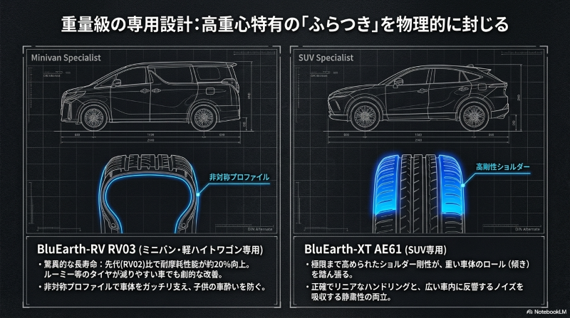 ミニバン専用の非対称プロファイル構造と、SUV専用の高剛性ショルダーを示す車両設計図
