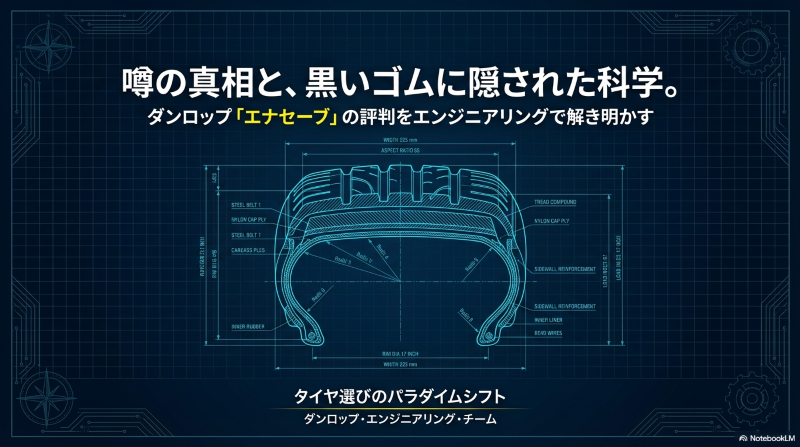 ダンロップ・エナセーブの内部構造とテクノロジーを示す青い設計図