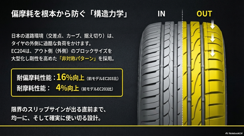 偏摩耗を根本から防ぐ構造力学と非対称パターン