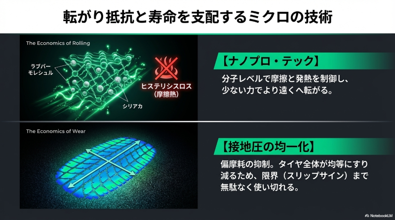 エコピアの転がり抵抗を減らすナノプロ・テックの分子構造イメージ