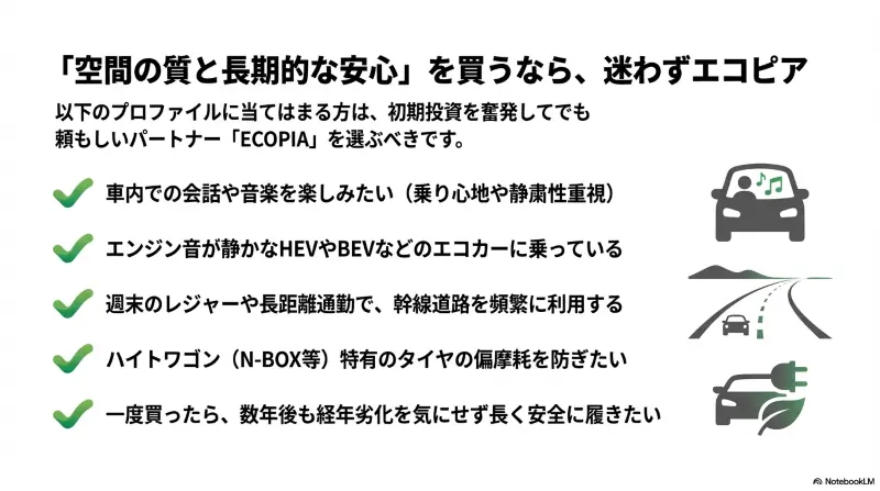 乗り心地や静粛性を重視する人やエコカーに乗る人向けのエコピア
