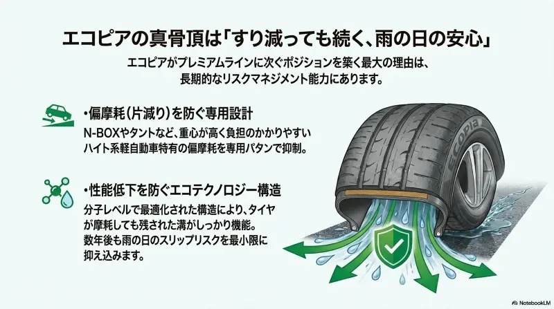 エコピアのすり減っても続く雨の日の安心感と偏摩耗を防ぐ専用設計
