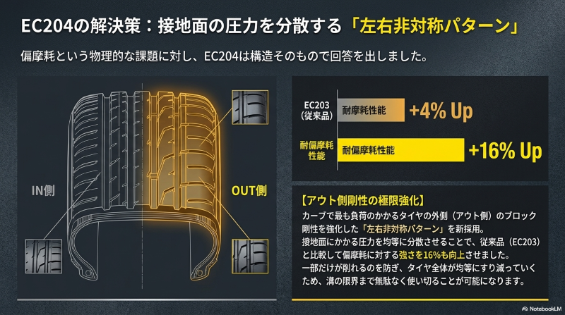 EC204が採用するアウト側剛性を強化した左右非対称パターンの構造と、従来品比で耐偏摩耗性能が16%向上したデータ図