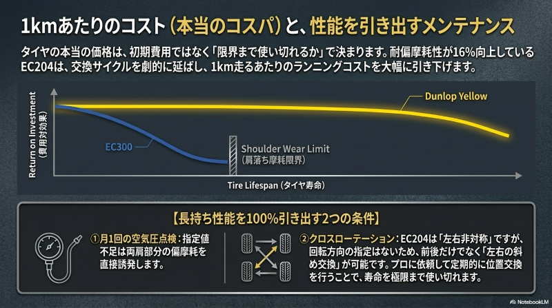 EC300とEC204の寿命と費用対効果のグラフ比較、および長持ち性能を引き出す空気圧点検とクロスローテーションの図解