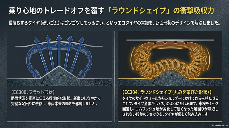 衝撃を優しく吸収するEC204のラウンドシェイプ(丸みを帯びた形状)とEC300のフラット形状の断面比較図