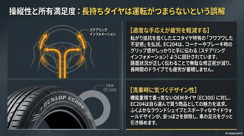 EC204の適度な手応えによる操縦性の確保と、安っぽさを排除したスポーティなサイドウォールデザインの解説