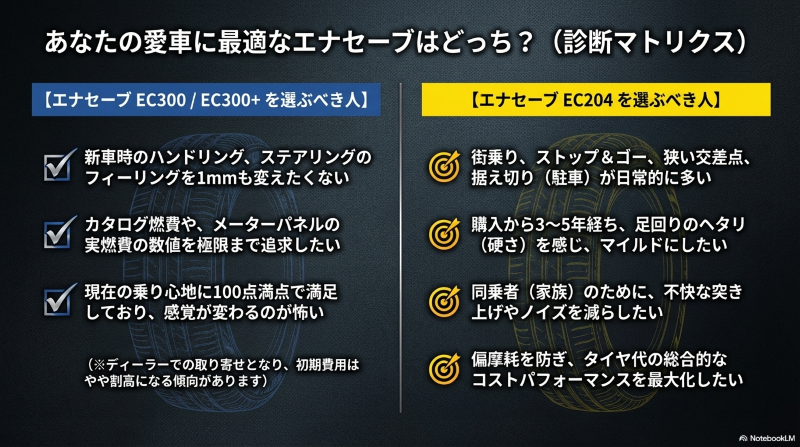 運転スタイルや求める快適性に合わせて、EC300とEC204のどちらを選ぶべきかが直感的にわかるチェックリスト