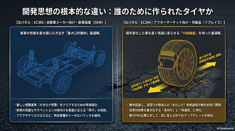 新車装着タイヤEC300と市販品EC204の開発目的やターゲット層の違いを比較した図解