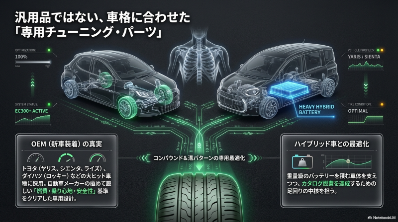 ヤリスやシエンタに採用されるエナセーブEC300+の専用チューニングとハイブリッドバッテリー搭載車への最適化を図解した透視図