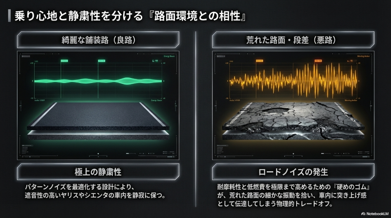 綺麗な舗装路での極上の静粛性と、荒れた路面でのロードノイズ発生の違いを示す音声波形の比較図