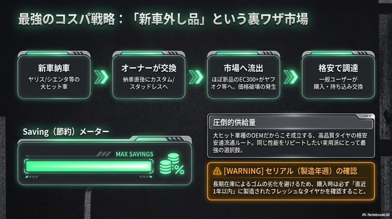 ヤリスやシエンタ納車直後に発生するエナセーブEC300+新車外し品の格安流通ルートを図解