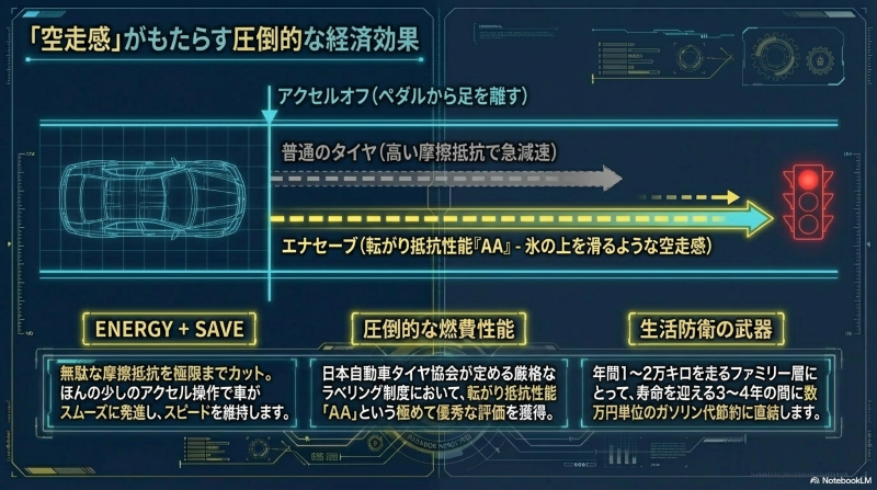 アクセルオフ時に急減速する普通のタイヤと、転がり抵抗が少なく滑らかな空走感を生むエナセーブの比較イメージ