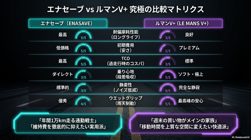 エナセーブとルマンV+の性能別レーダーチャートと究極の比較マトリクス