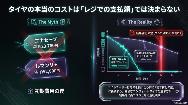 エナセーブとルマンの初期費用と年間走行距離別のトータルコスト比較グラフ