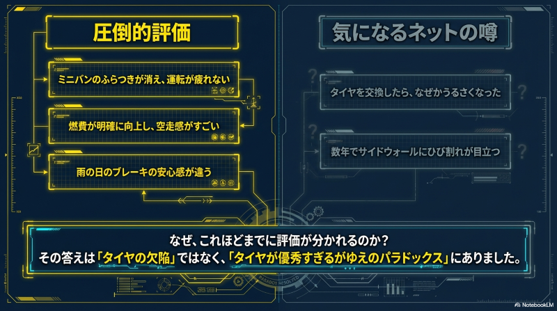 運転の疲れにくさや燃費向上といったエナセーブの高評価と、タイヤ交換後の騒音やひび割れなどの気になる噂を対比させた図