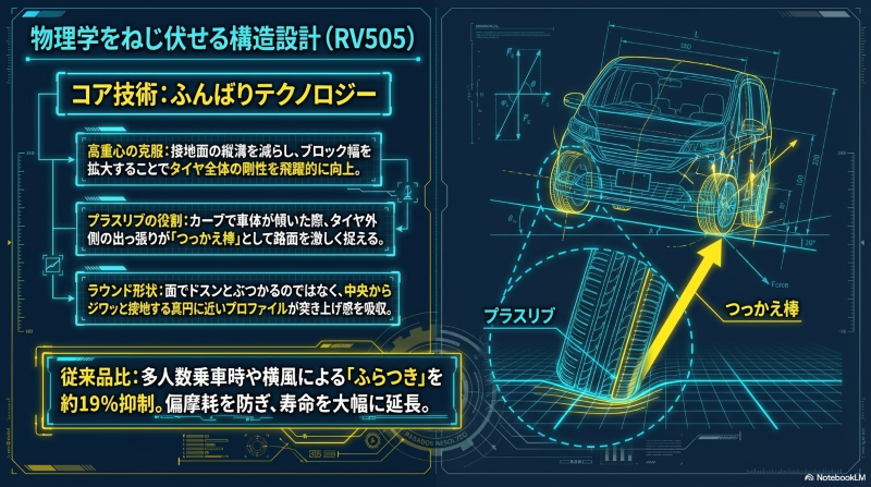 ミニバン専用タイヤRV505が採用するふんばりテクノロジーと、カーブで車体を支えるプラスリブ構造の解説図