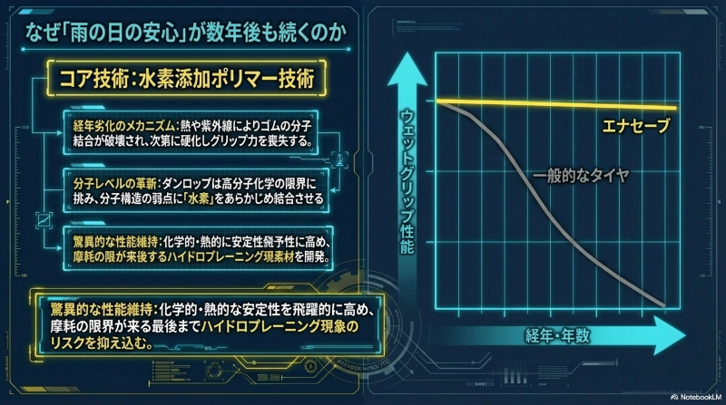 水素添加ポリマー技術により、エナセーブが一般的なタイヤと比較して長期間ウェットグリップ性能を維持できることを示すグラフ