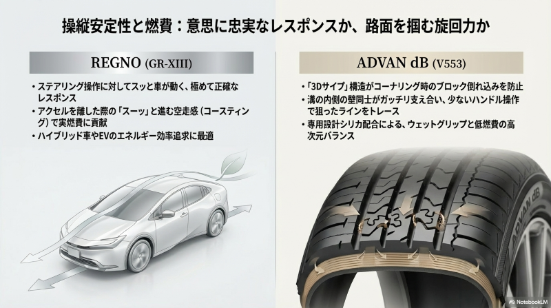 レグノのステアリングレスポンスとアドバンdbの3Dサイプによる旋回力