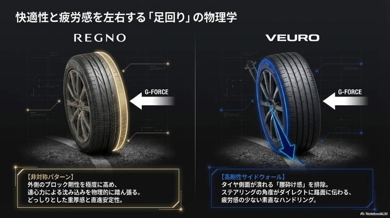 遠心力に対し非対称パターンで踏ん張るレグノと、高剛性サイドウォールで素直に曲がるビューロの物理的な解説図