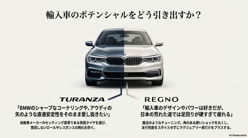 シャープなコーナリングを維持するトランザと、日本の荒れた道での硬いショックを丸くするレグノの輸入車向けアプローチの違い
