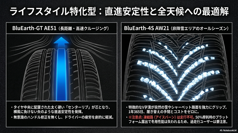 直進安定性を高めるセンターリブと、雪道を強力にグリップする特徴的なV字溝を示すタイヤパターンの図