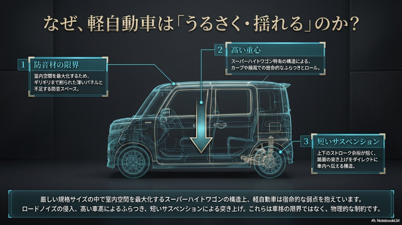 軽自動車がうるさく揺れる原因である高い重心と薄いパネル構造