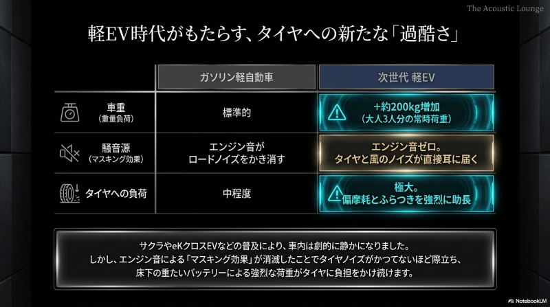 ガソリン軽自動車と次世代軽EVの車重と騒音に関する比較表