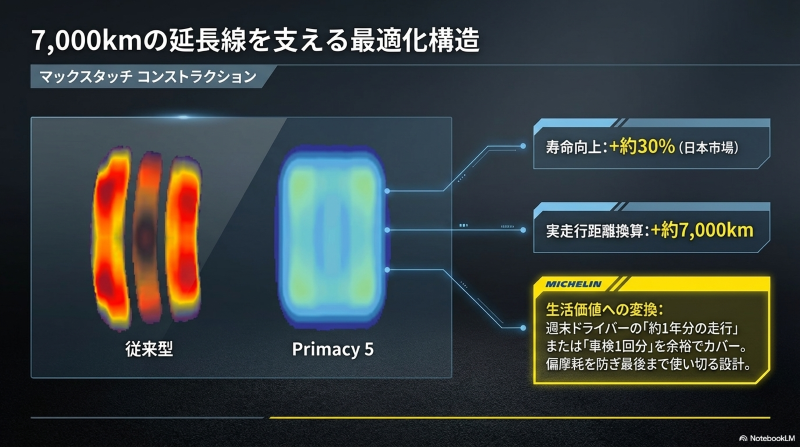 偏摩耗を防ぐマックスタッチコンストラクションにより実走行距離換算で約7000km寿命が向上した構造