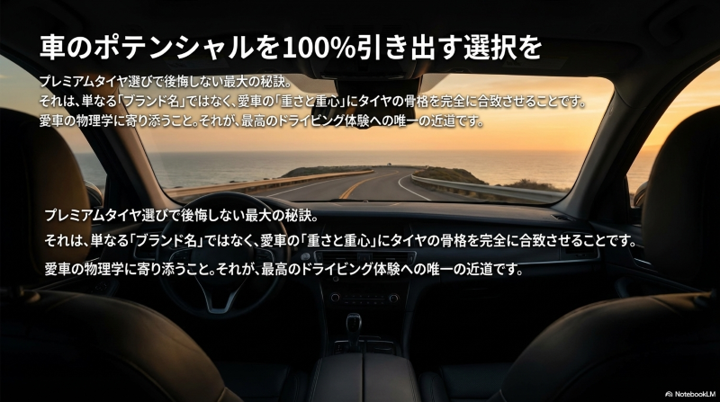 愛車の重さと重心に合わせてタイヤを選ぶ重要性を伝える結論