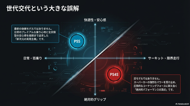 パイロットスポーツ5と4Sのカテゴリーや設計思想の違いを示すポジションマップ図