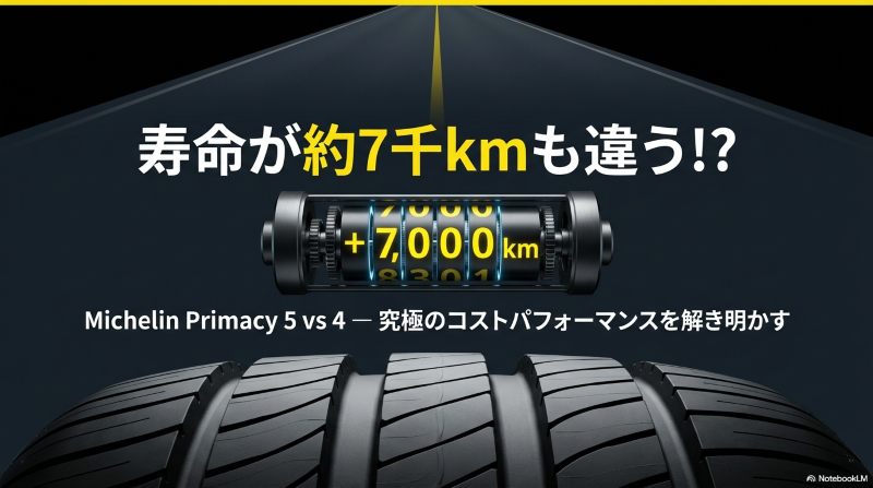 ミシュラン プライマシー5の寿命が従来品より約7000km向上したことを示すメーター