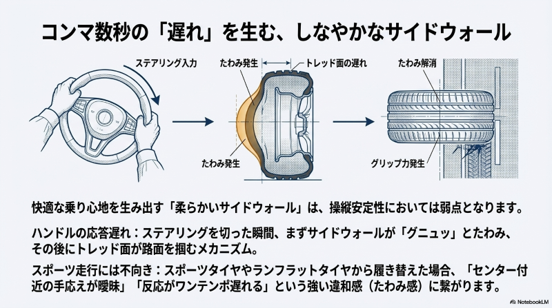 ステアリング入力からグリップ力発生までのサイドウォールのたわみと遅れを図解