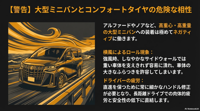 大型ミニバンが横風を受けてふらつくイメージイラスト