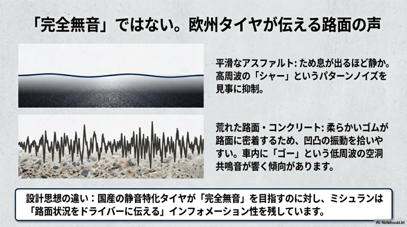 平滑なアスファルトと荒れた路面でのロードノイズの違いを表した波形図