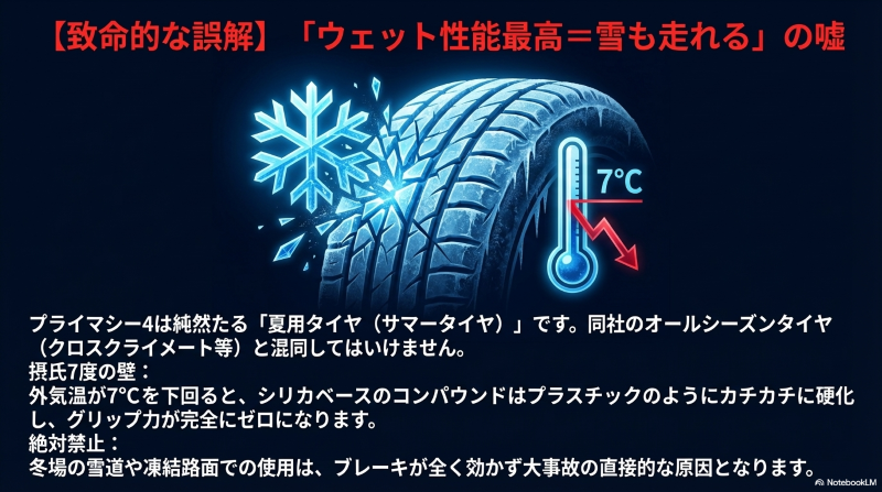 気温7度以下で硬化する夏用タイヤの危険性を表す氷と温度計の図