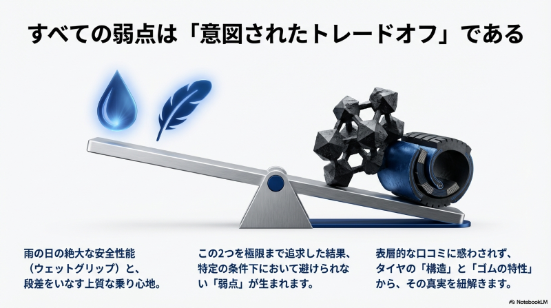 ウェットグリップと乗り心地のトレードオフを示す天秤の図解